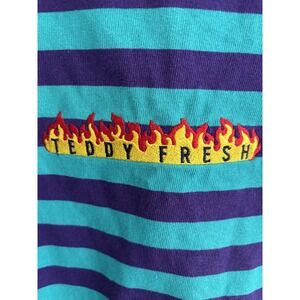 Teddy Fresh Shirt Mens Medium Teal Purple Stripe Flame‎ Logo 100% Cotton Tee